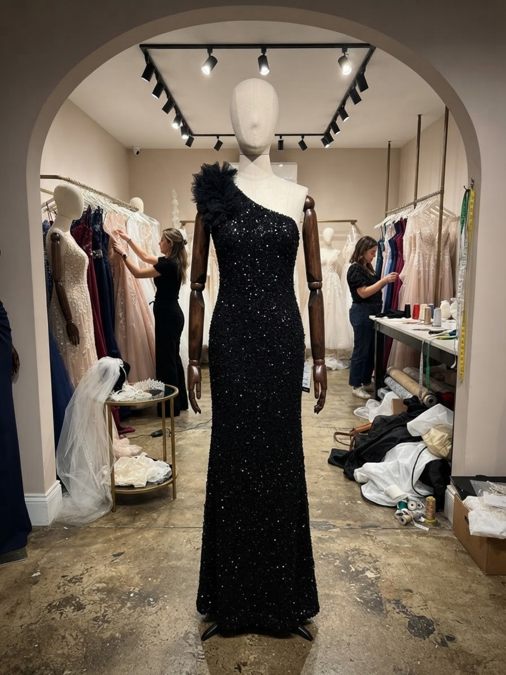 Elegant One-Shoulder Black Sequin Evening Dress